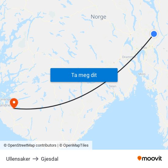 Ullensaker to Gjesdal map