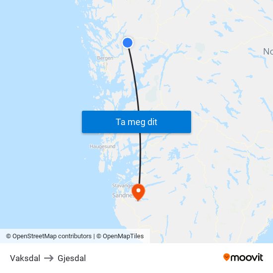 Vaksdal to Gjesdal map