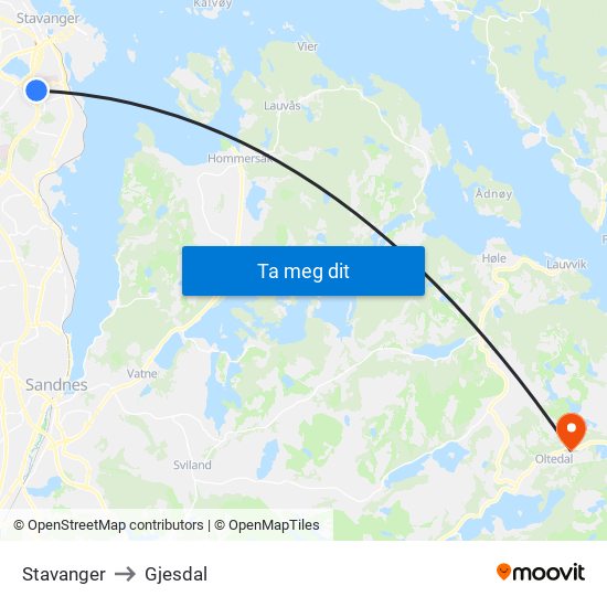 Stavanger to Gjesdal map