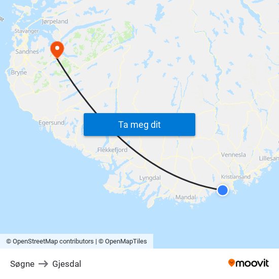 Søgne to Gjesdal map
