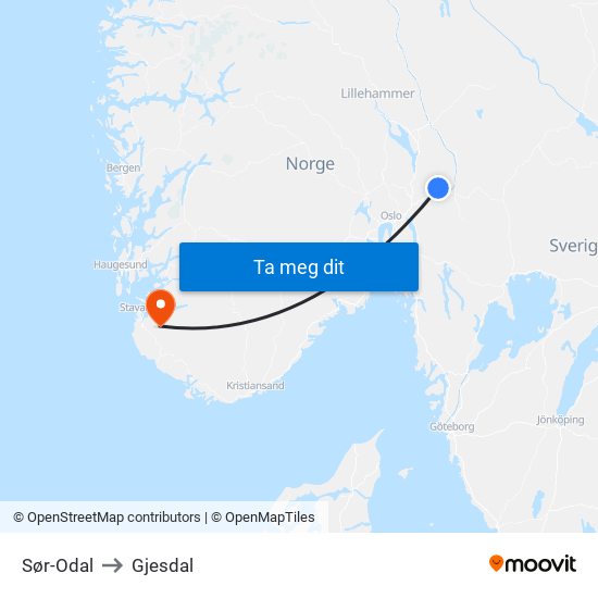 Sør-Odal to Gjesdal map