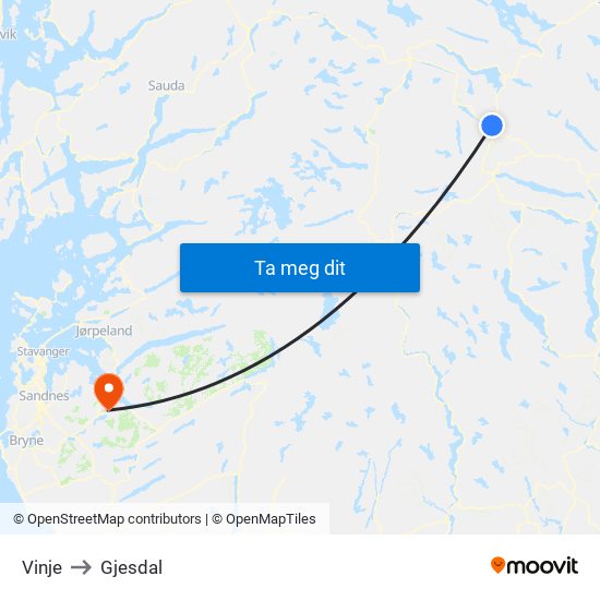 Vinje to Gjesdal map