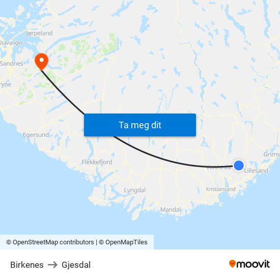 Birkenes to Gjesdal map