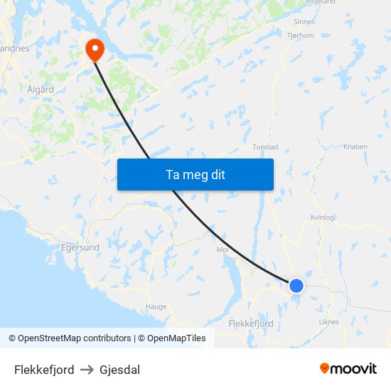 Flekkefjord to Gjesdal map