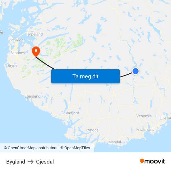 Bygland to Gjesdal map