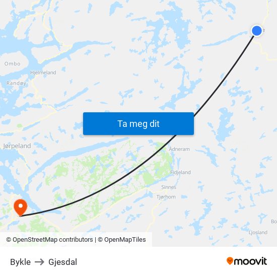 Bykle to Gjesdal map