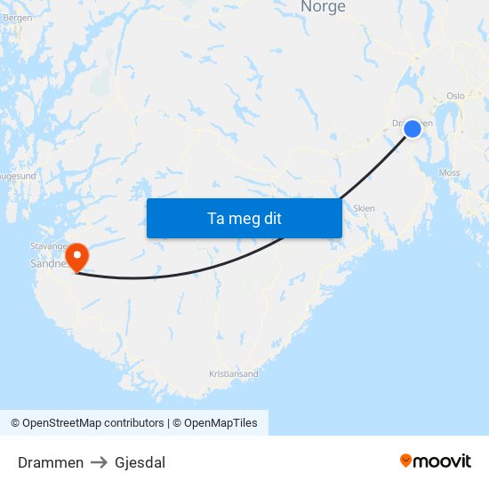 Drammen to Gjesdal map