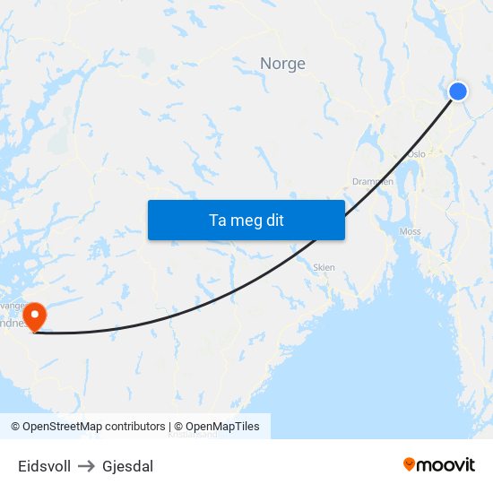 Eidsvoll to Gjesdal map