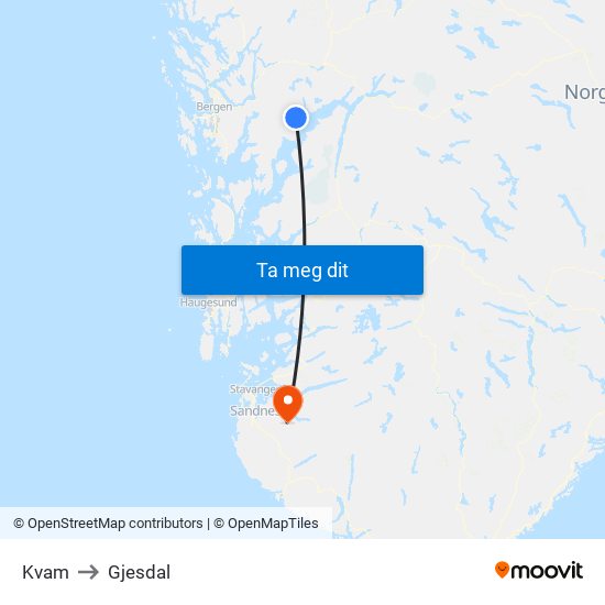 Kvam to Gjesdal map