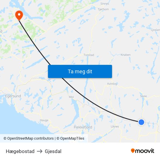 Hægebostad to Gjesdal map