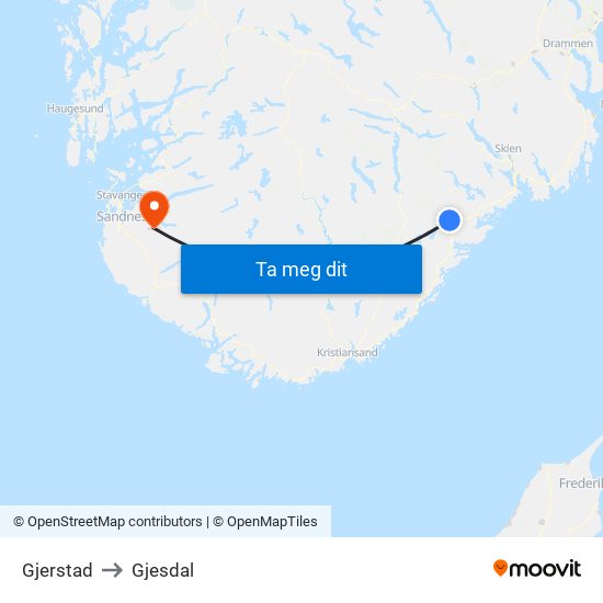 Gjerstad to Gjesdal map