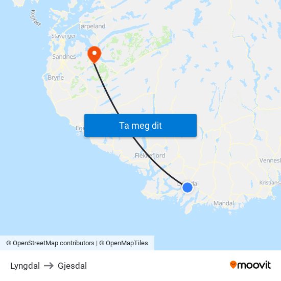 Lyngdal to Gjesdal map