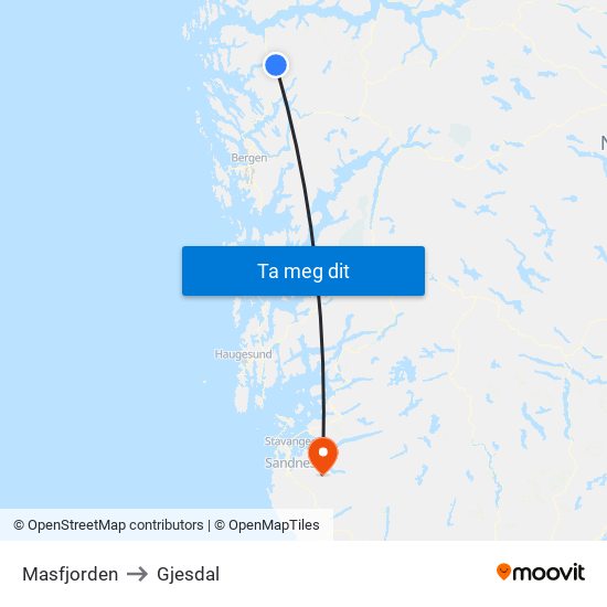 Masfjorden to Gjesdal map