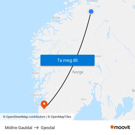 Midtre Gauldal to Gjesdal map