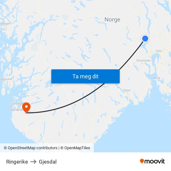 Ringerike to Gjesdal map