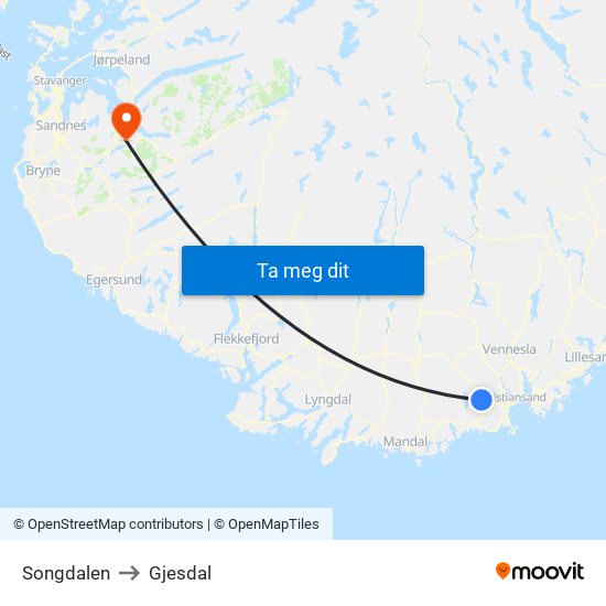 Songdalen to Gjesdal map