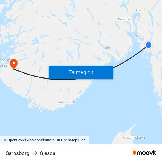 Sarpsborg to Gjesdal map