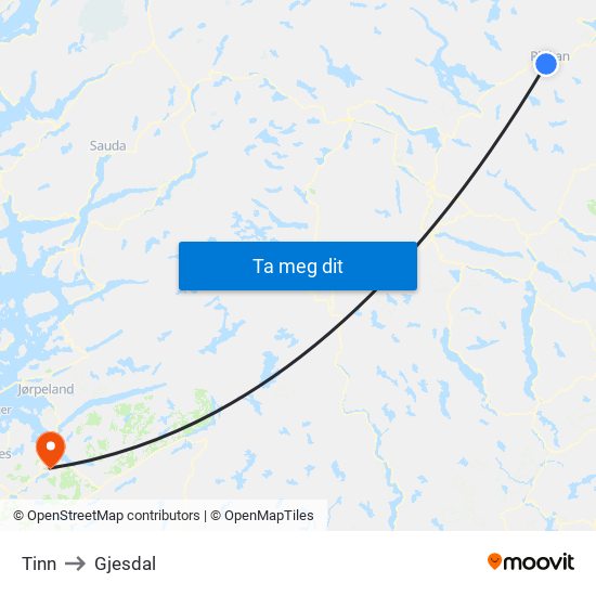 Tinn to Gjesdal map