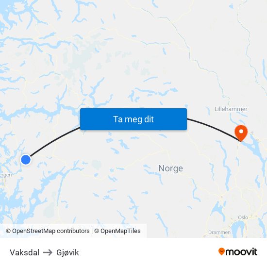 Vaksdal to Gjøvik map