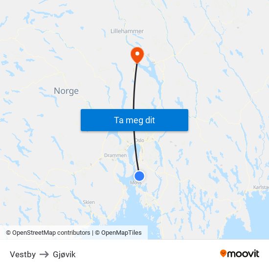 Vestby to Gjøvik map