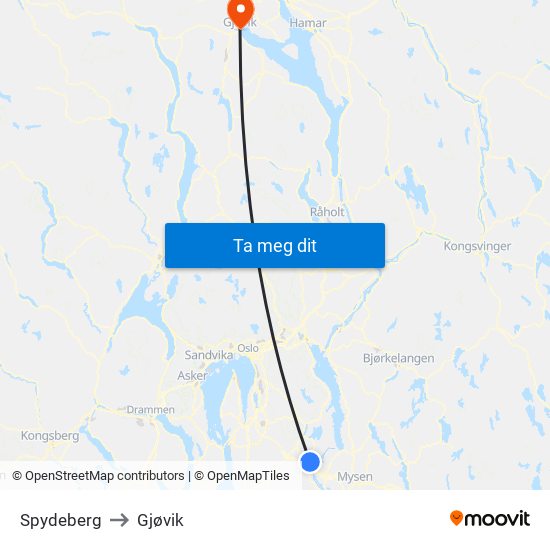 Spydeberg to Gjøvik map
