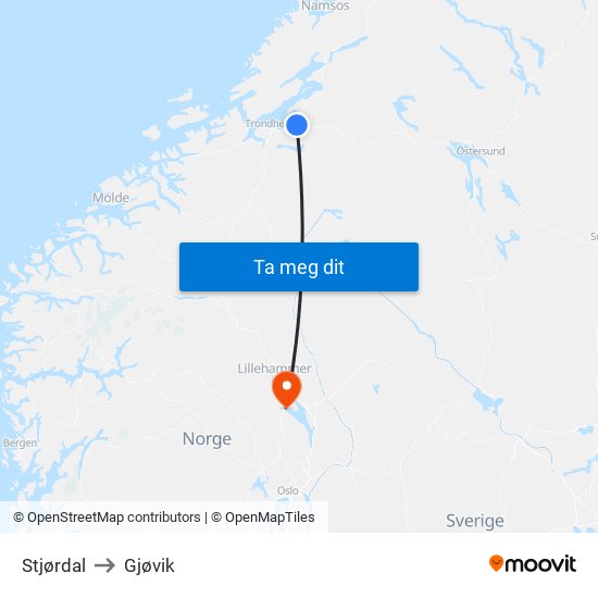 Stjørdal to Gjøvik map