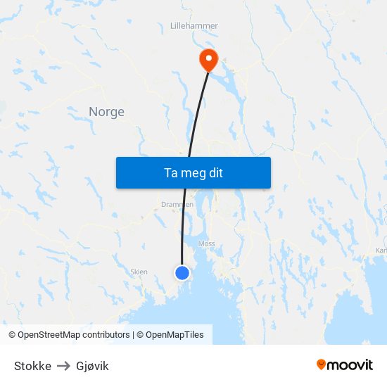 Stokke to Gjøvik map