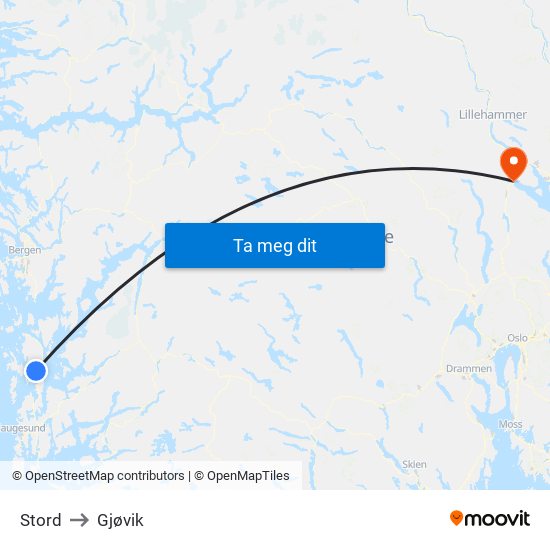 Stord to Gjøvik map
