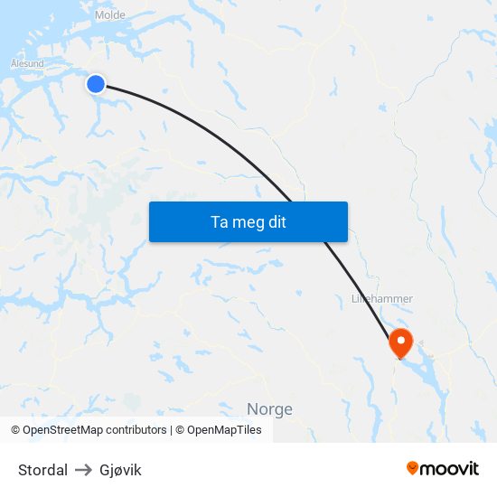 Stordal to Gjøvik map