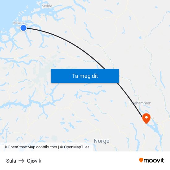 Sula to Gjøvik map