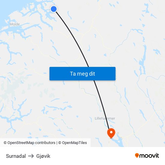 Surnadal to Gjøvik map