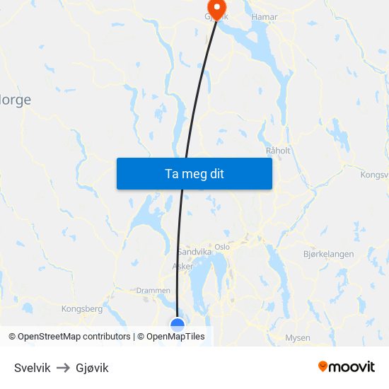 Svelvik to Gjøvik map