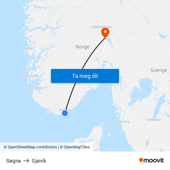 Søgne to Gjøvik map