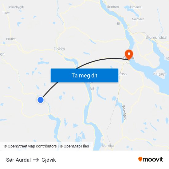 Sør-Aurdal to Gjøvik map