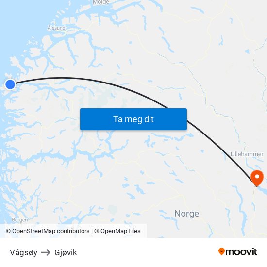 Vågsøy to Gjøvik map