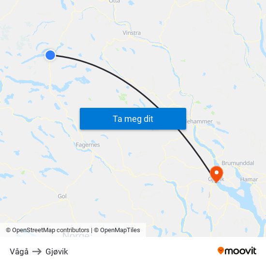 Vågå to Gjøvik map