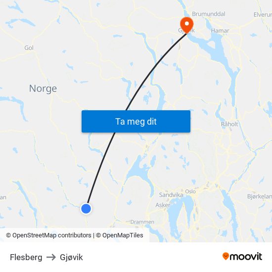 Flesberg to Gjøvik map