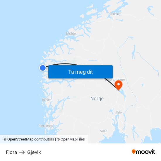 Flora to Gjøvik map