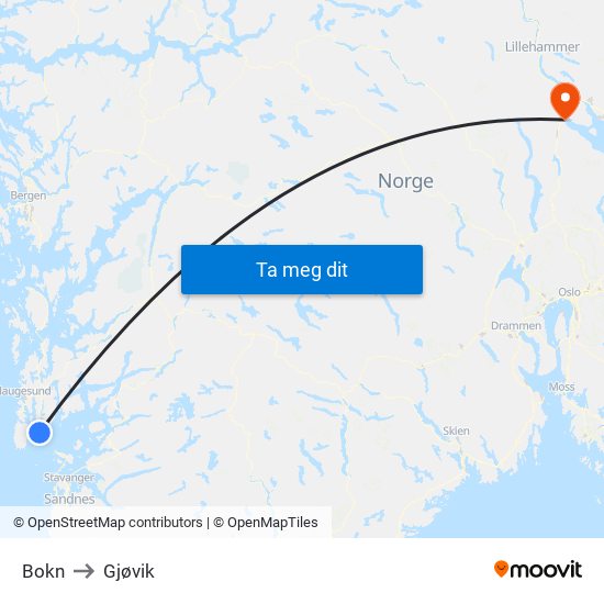 Bokn to Gjøvik map