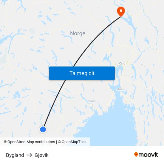 Bygland to Gjøvik map