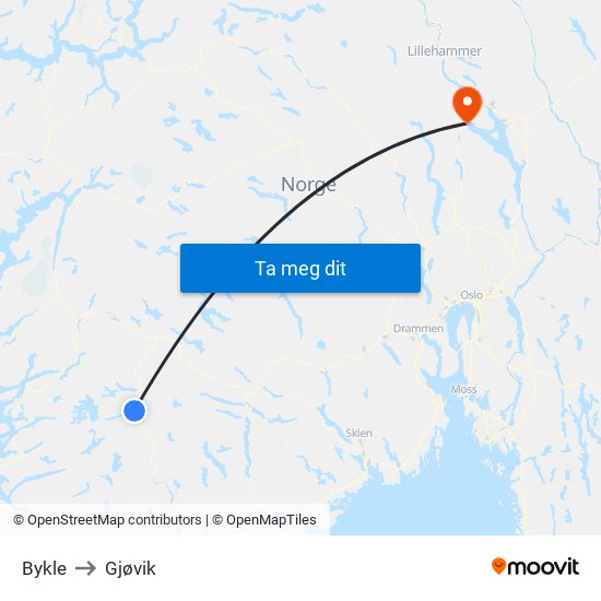Bykle to Gjøvik map