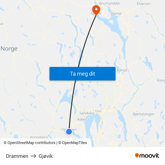 Drammen to Gjøvik map