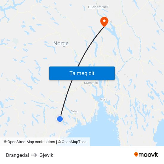 Drangedal to Gjøvik map