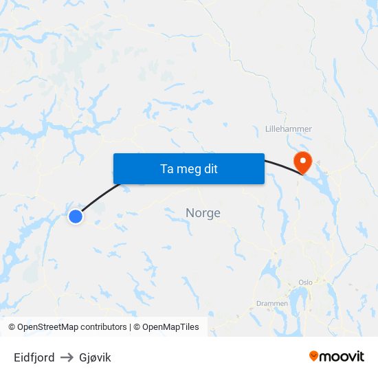 Eidfjord to Gjøvik map