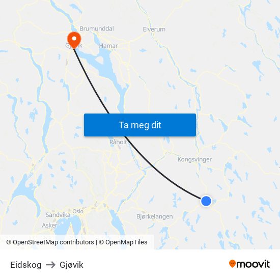 Eidskog to Gjøvik map