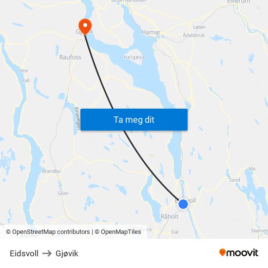 Eidsvoll to Gjøvik map