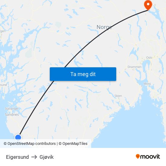 Eigersund to Gjøvik map