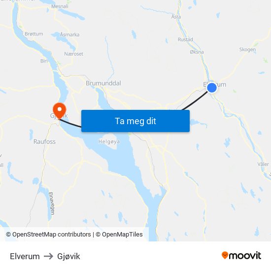 Elverum to Gjøvik map