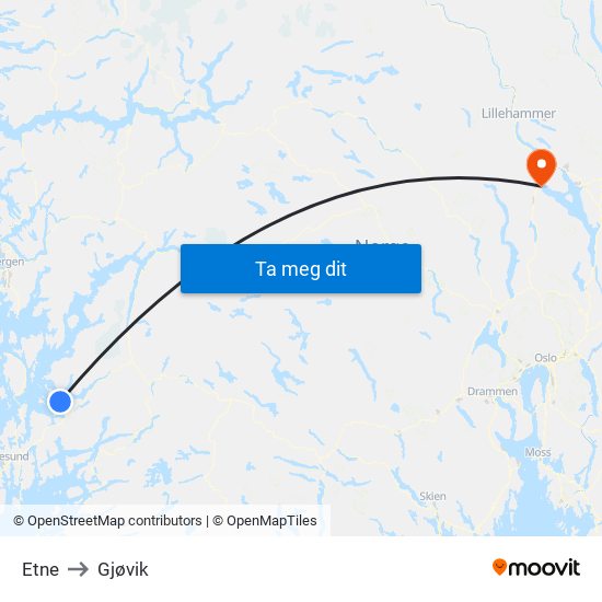 Etne to Gjøvik map