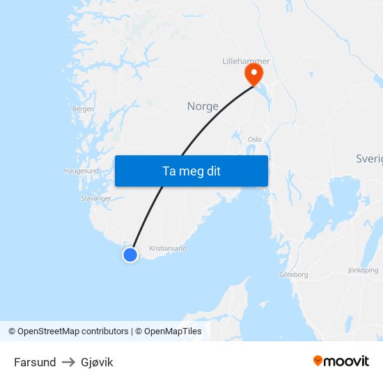 Farsund to Gjøvik map